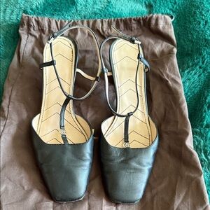 Gucci Black Leather Square-Toe Slingback Heels with Ankle Straps